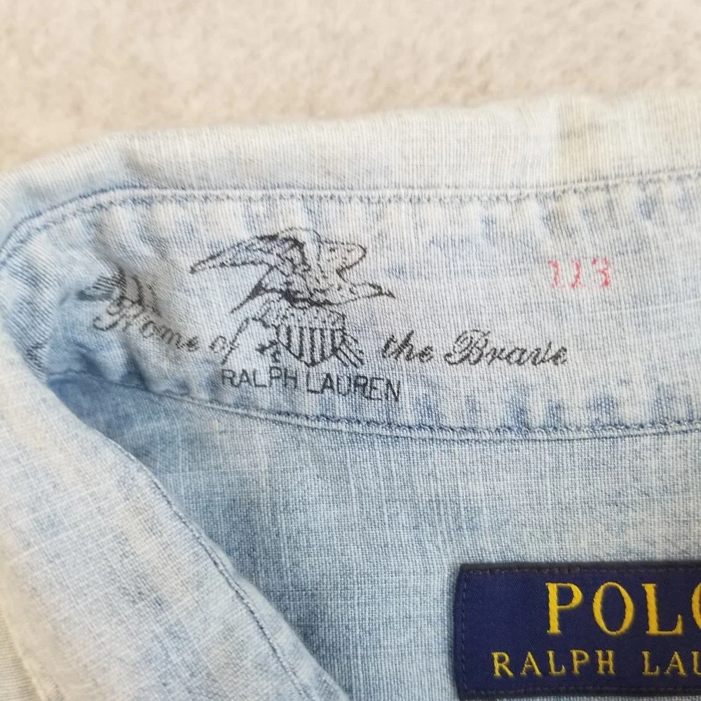 Polo Ralph Lauren Shirt Mens M Blue Denim Embroidered Eagle Brave American Flag